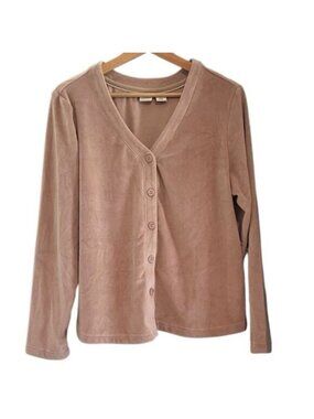 cupcakes and cashmere Mauve V-Neck Button-Up Long Sleeve Velour Top Size L